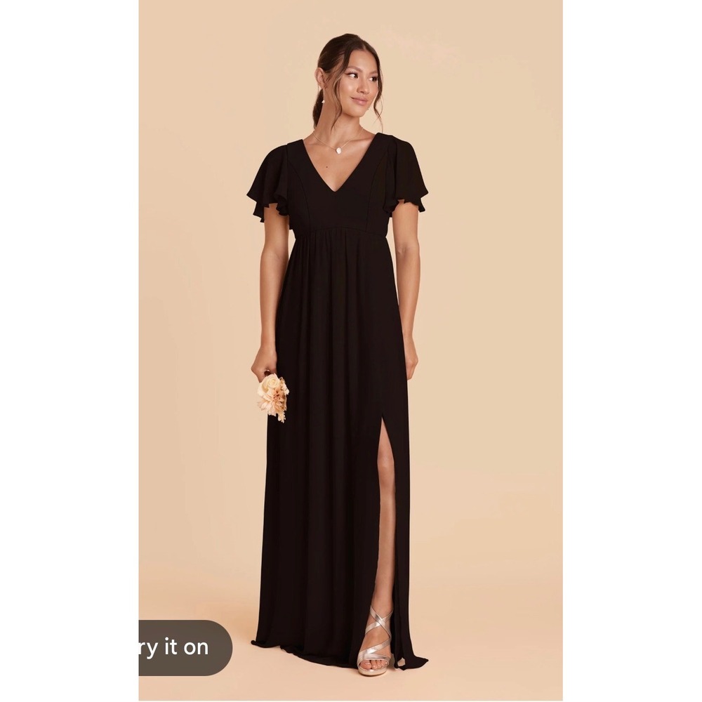 Birdy Grey Kaia Dress Black Chiffon Flutter Sleeve V-Neck Maxi Bridesmaid XS